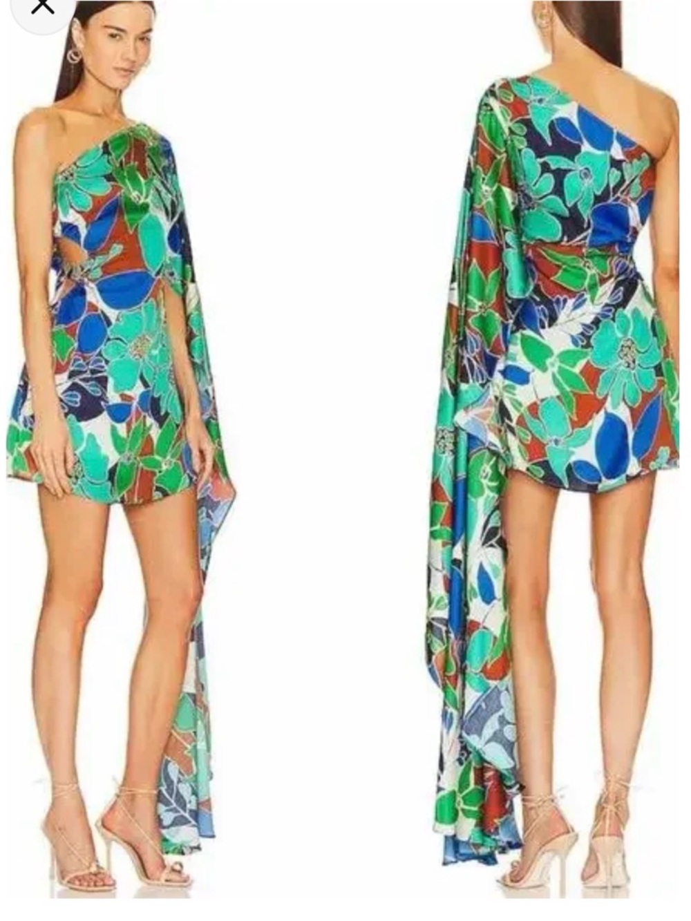 Cult Gaia One-Shoulder Floral Mini Dress with Dramatic Drape - Green Multi